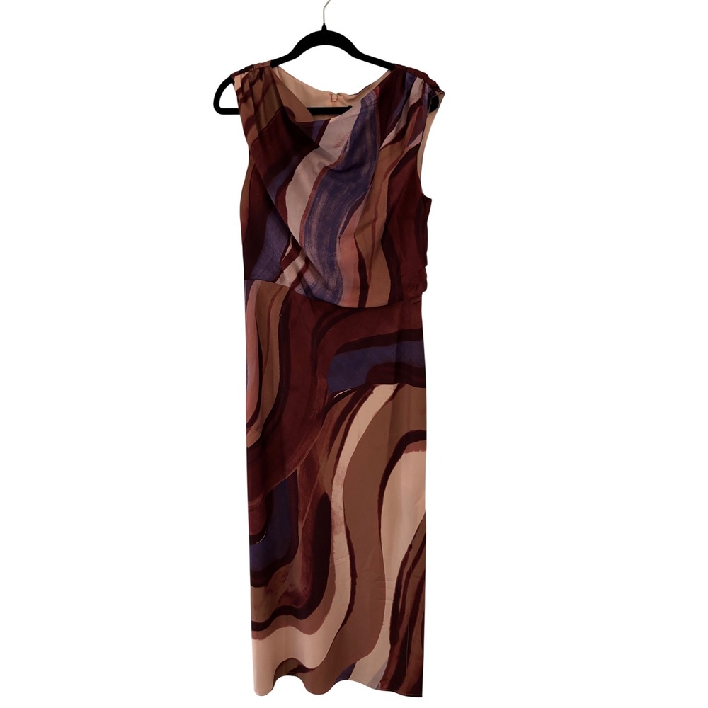 Banana Republic Abstract Swirl Print Cowl Neck Midi Sheath Dress Burgundy  10